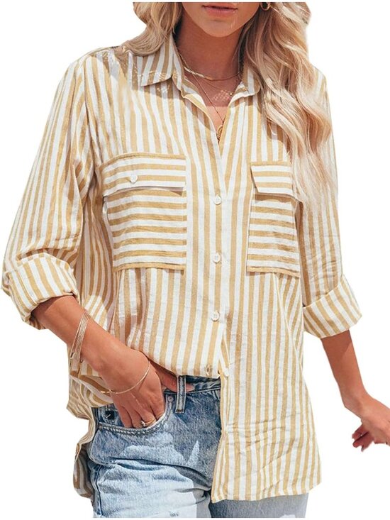 Tops - 🆕Women's Yellow Long Sleeve Button Down V Neck Casual Imported Blouses Shirts